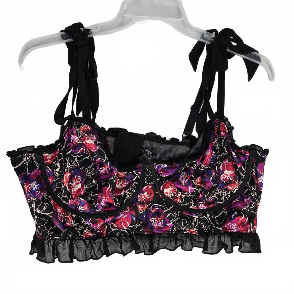 Torrid Curve Floral Longline Bra Top Size 4 Black Purple Bustier Bow Straps EUC